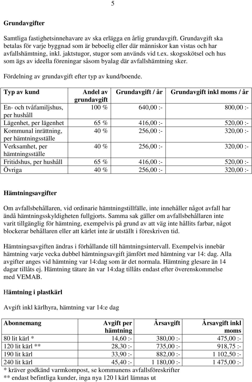 Typ av kund Andel av Grundavgift / år Grundavgift inkl / år grundavgift En- och tvåfamiljshus, 100 % 640,00 :- 800,00 :- per hushåll Lägenhet, per lägenhet 65 % 416,00 :- 520,00 :- Kommunal