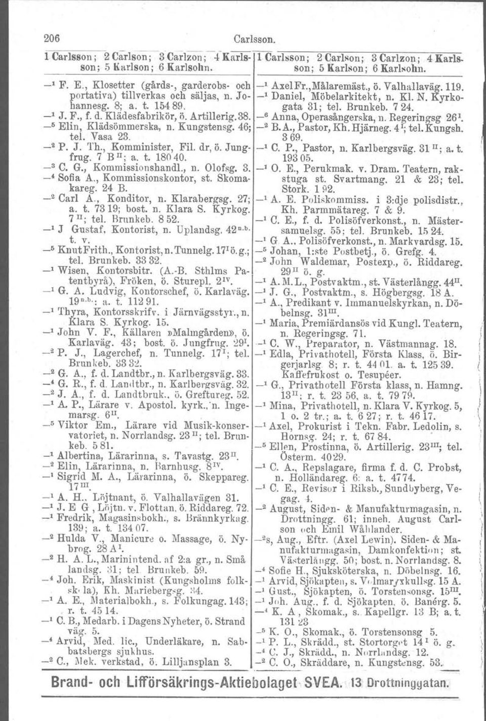 Brunkeb, 724. _1 J. F., f. d. Klädesfabrikör, ö. Artillerig.38. _6 Anna, Operasångerska, n. Regeringsg 261 _5 Elin, Klädsömmerska, n. Kungstensg. 46; _2 BoA., Pastor, Kh. Hjärneg. 41;tel. Kungsh. tel.