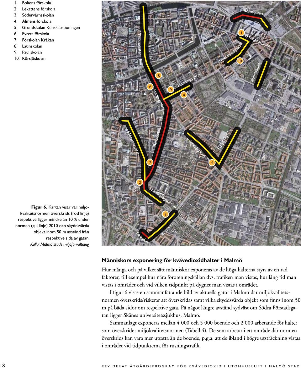 Kartan visar var miljökvalitetsnormen överskrids (röd linje) respektive ligger mindre än 10 % under normen (gul linje) 2010 och skyddsvärda objekt inom 50 m avstånd från respektive sida av gatan.