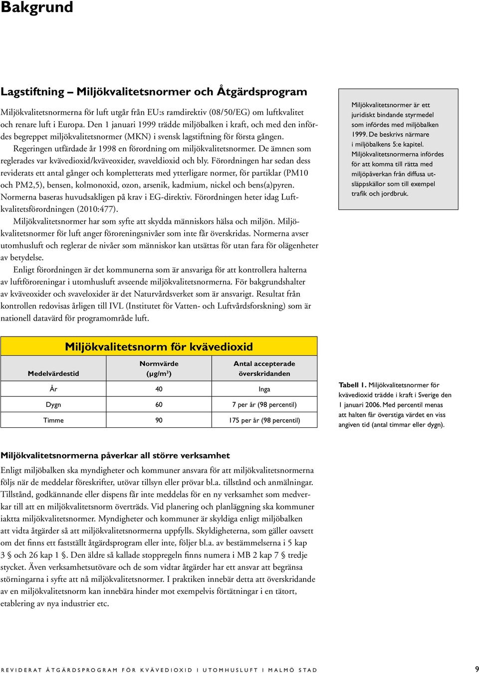 Regeringen utfärdade år 1998 en förordning om miljökvalitetsnormer. De ämnen som reglerades var kvävedioxid/kväveoxider, svaveldioxid och bly.