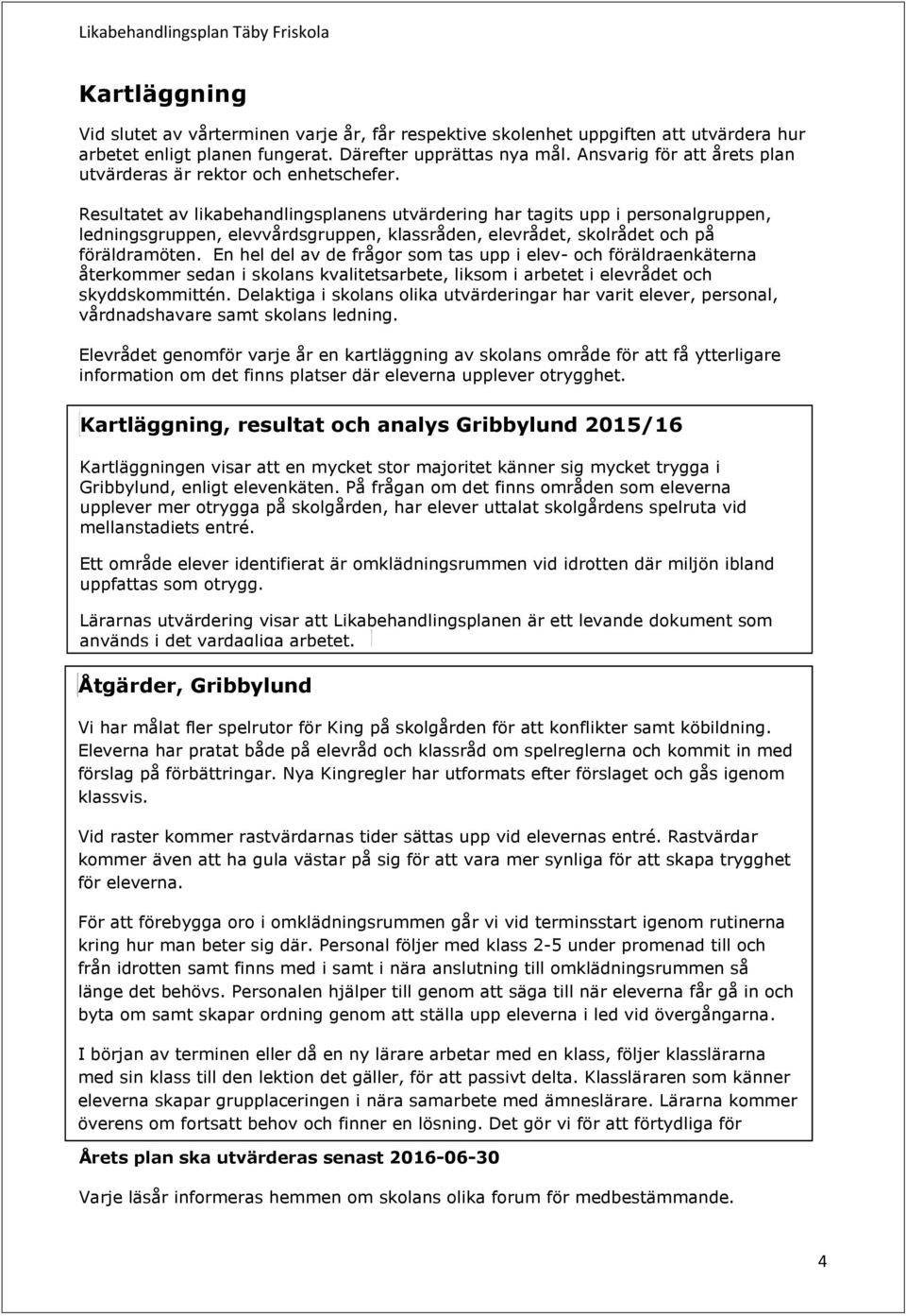 Resultatet av likabehandlingsplanens utvärdering har tagits upp i personalgruppen, ledningsgruppen, elevvårdsgruppen, klassråden, elevrådet, skolrådet och på föräldramöten.