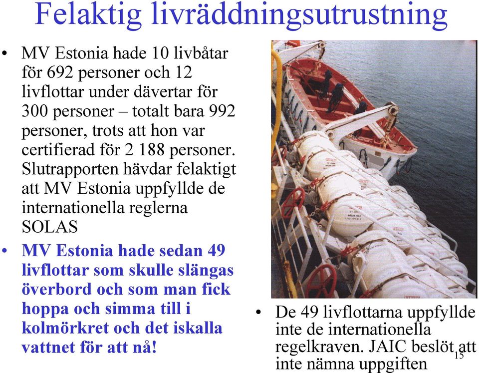 Slutrapporten hävdar felaktigt att MV Estonia uppfyllde de internationella reglerna SOLAS MV Estonia hade sedan 49 livflottar som skulle