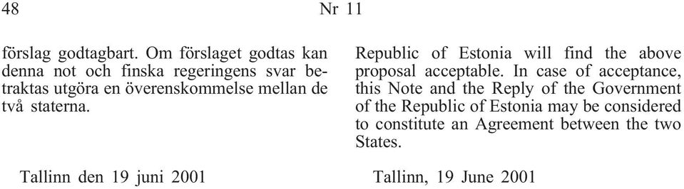 de två staterna. Tallinn den 19 juni 2001 Republic of Estonia will find the above proposal acceptable.