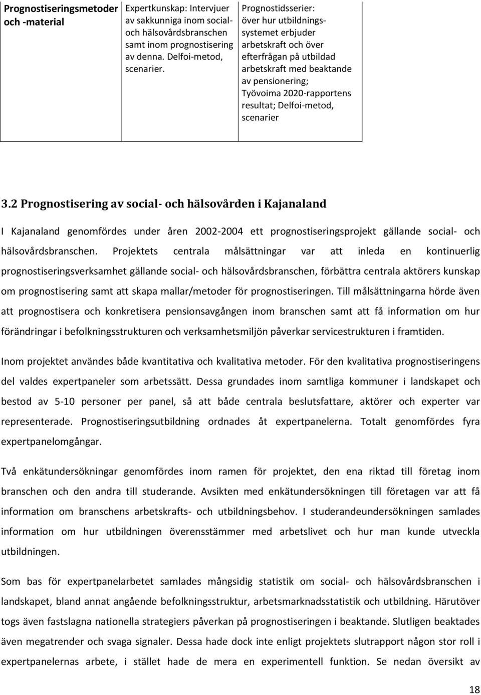 scenarier 3.2 Prognostisering av social- och hälsovården i Kajanaland I Kajanaland genomfördes under åren 2002-2004 ett prognostiseringsprojekt gällande social- och hälsovårdsbranschen.