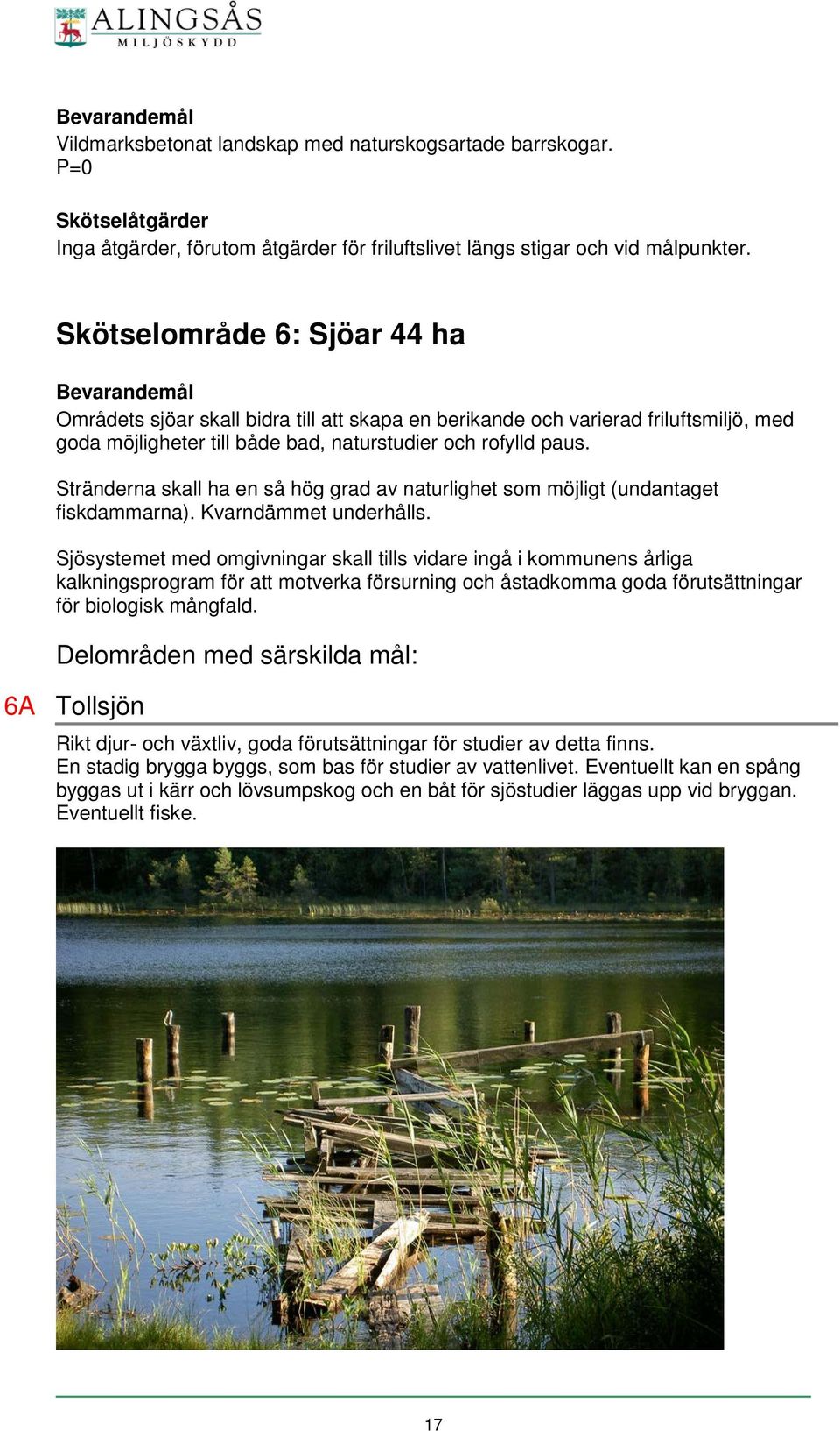 Stränderna skall ha en så hög grad av naturlighet som möjligt (undantaget fiskdammarna). Kvarndämmet underhålls.
