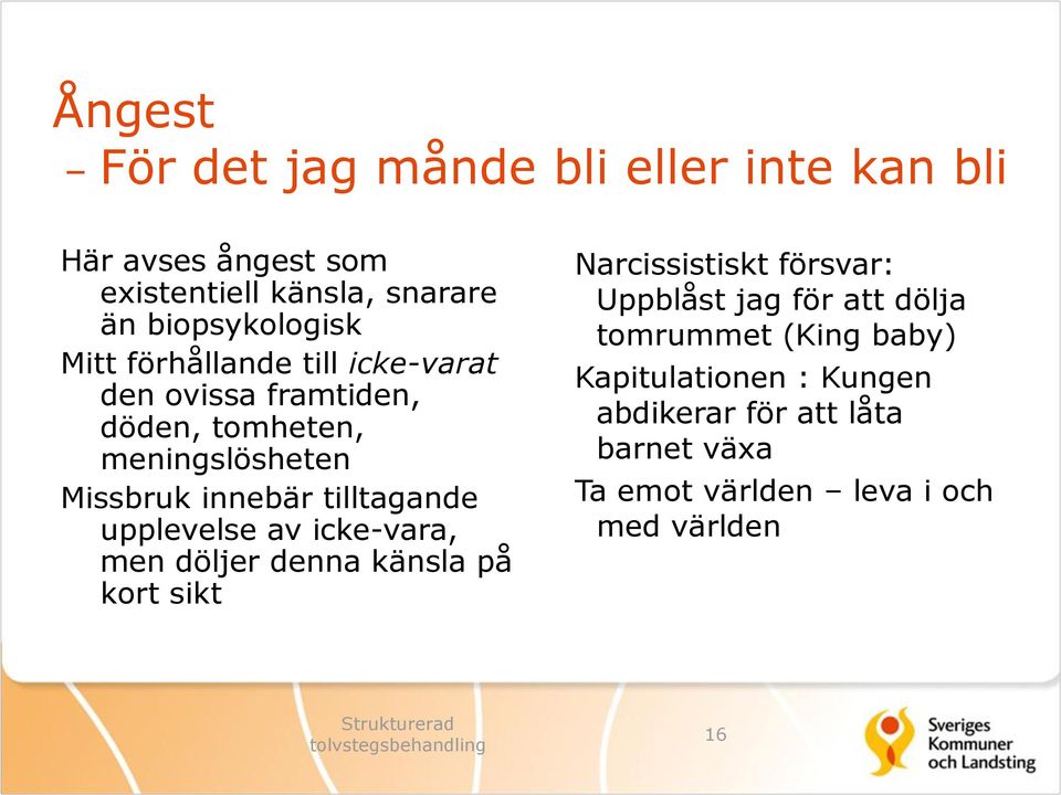 upplevelse av icke-vara, men döljer denna känsla på kort sikt Narcissistiskt försvar: Uppblåst jag för att dölja