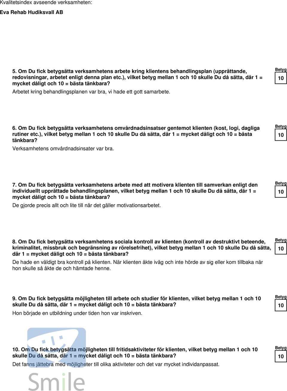 Om Du fick betygsätta verksamhetens omvårdnadsinsatser gentemot klienten (kost, logi, dagliga rutiner etc.), vilket betyg mellan 1 och skulle Du då sätta, där 1 = mycket dåligt och = bästa tänkbara?