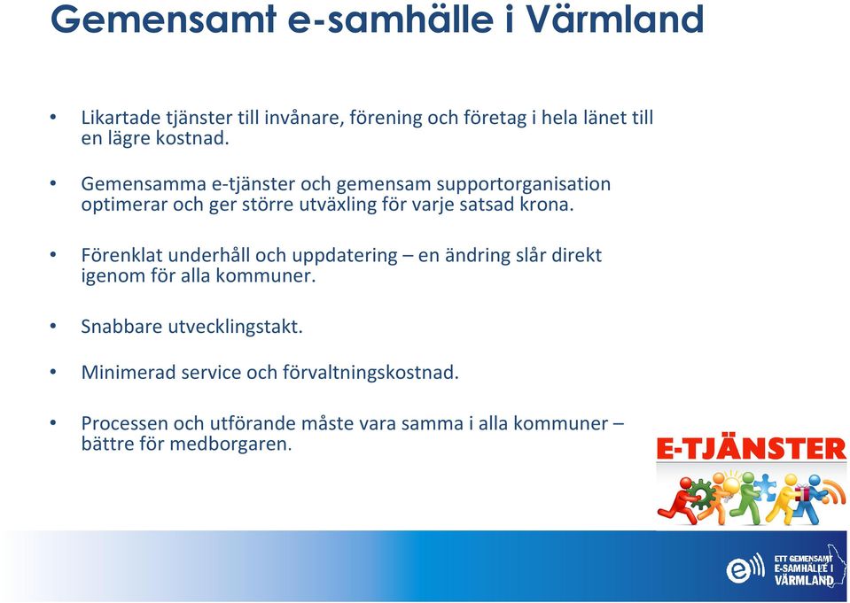 Gemensamma e-tjänster och gemensam supportorganisation optimerar och ger större utväxling för varje satsad krona.