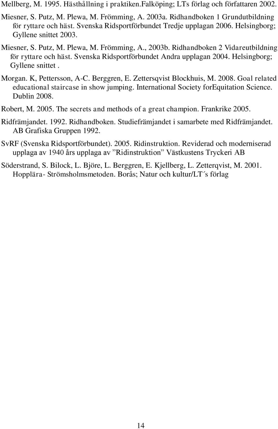 Svenska Ridsportförbundet Andra upplagan 2004. Helsingborg; Gyllene snittet. Morgan. K, Pettersson, A-C. Berggren, E. Zettersqvist Blockhuis, M. 2008.