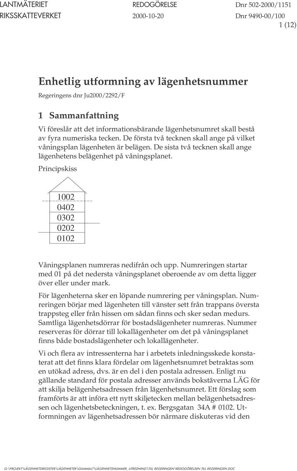 De sista två tecknen skall ange lägenhetens belägenhet på våningsplanet. Principskiss 1002 0402 0302 0202 0102 Våningsplanen numreras nedifrån och upp.