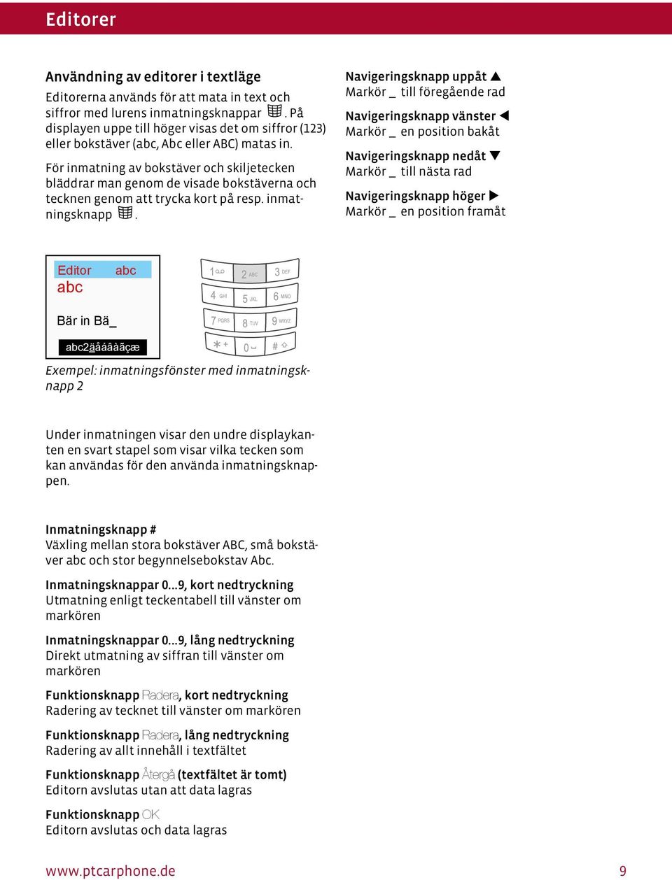 För inmatning av bokstäver och skiljetecken bläddrar man genom de visade bokstäverna och tecknen genom att trycka kort på resp. inmatningsknapp.