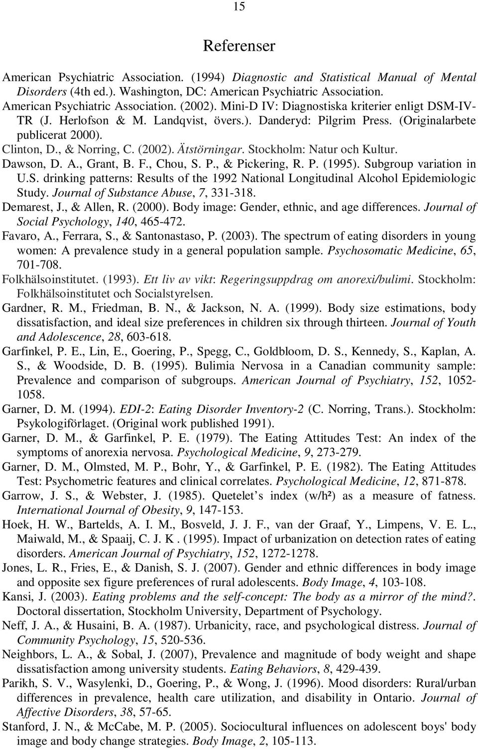 Clinton, D., & Norring, C. (2002). Ätstörningar. Stockholm: Natur och Kultur. Dawson, D. A., Grant, B. F., Chou, S. P., & Pickering, R. P. (1995). Subgroup variation in U.S. drinking patterns: Results of the 1992 National Longitudinal Alcohol Epidemiologic Study.