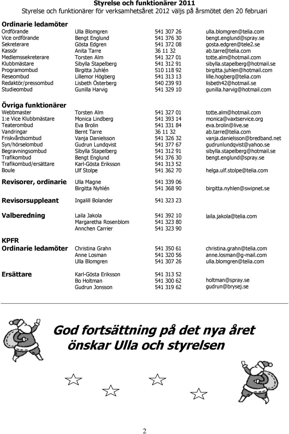 Högberg Lisbeth Österberg Gunilla Harvig 541 307 26 541 376 30 541 372 08 36 11 32 541 327 01 541 312 91 510 118 92 541 313 13 540 239 93 541 329 10 ulla.blomgren@telia.com bengt.englund@spray.