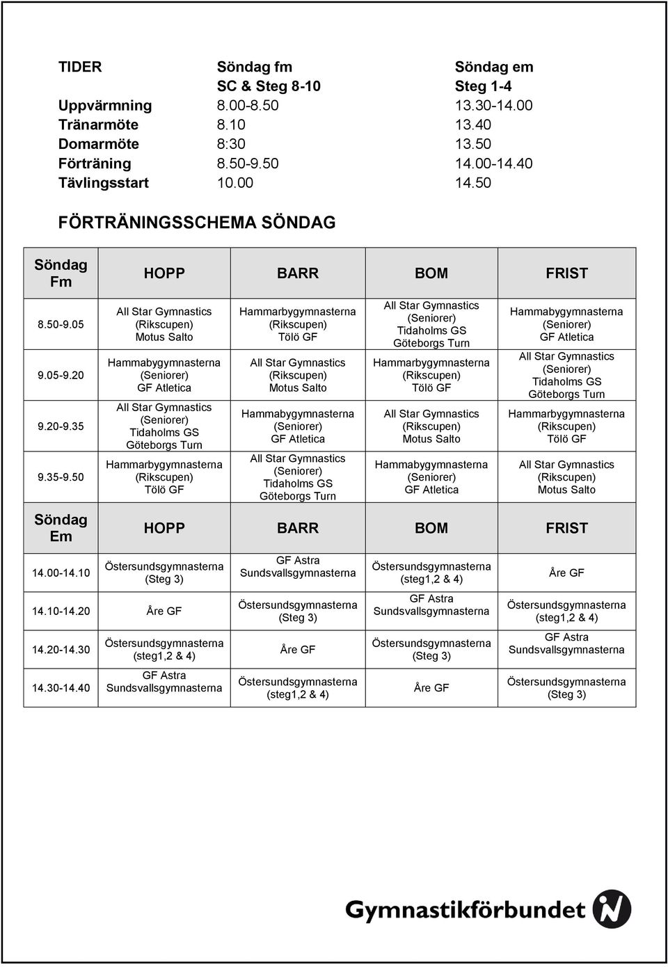 40 Tävlingsstart 10.00 14.50 FÖRTRÄNINGSSCHEMA SÖNDAG Söndag Fm 8.50-9.05 9.05-9.20 9.