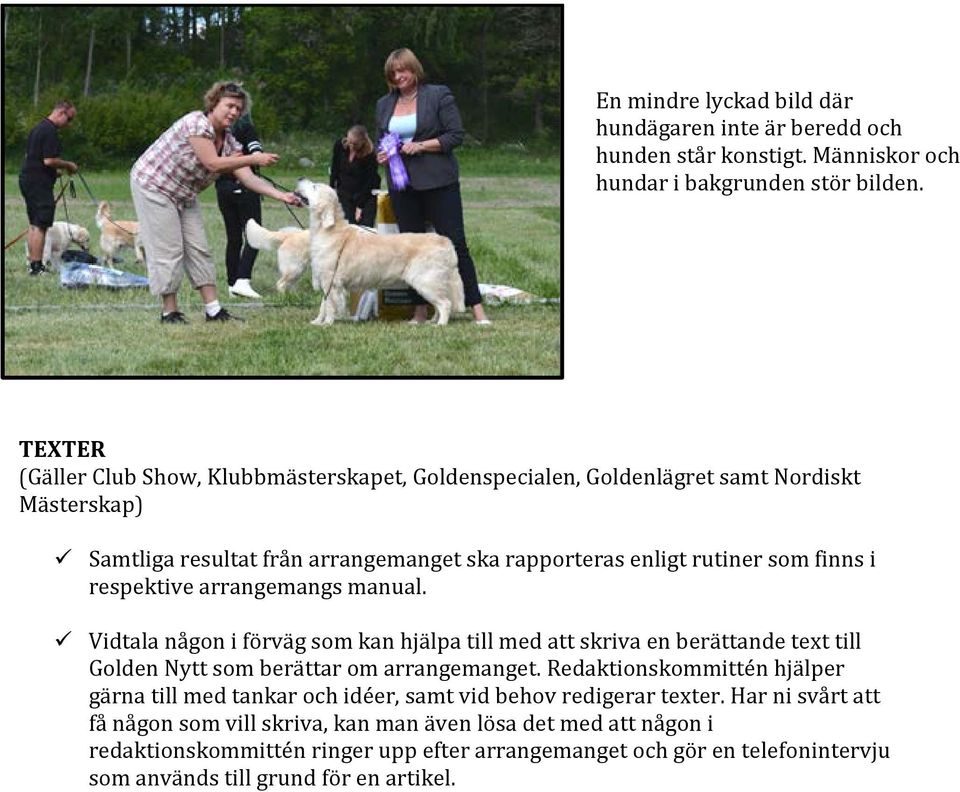 respektive arrangemangs manual. Vidtala någon i förväg som kan hjälpa till med att skriva en berättande text till Golden Nytt som berättar om arrangemanget.