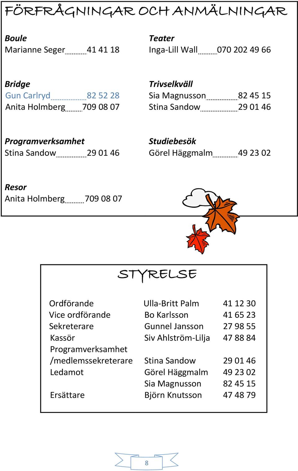 709 08 07 STYRELSE Ordförande Vice ordförande Sekreterare Kassör Programverksamhet /medlemssekreterare Ledamot Ersättare Ulla-Britt Palm Bo Karlsson