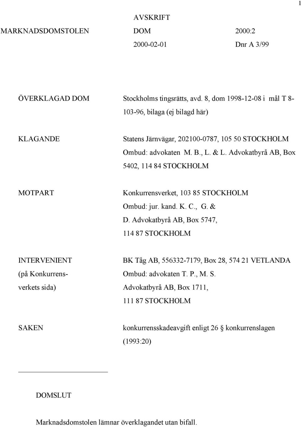 Advokatbyrå AB, Box 5402, 114 84 STOCKHOLM MOTPART Konkurrensverket, 103 85 STOCKHOLM Ombud: jur. kand. K. C., G. & D.
