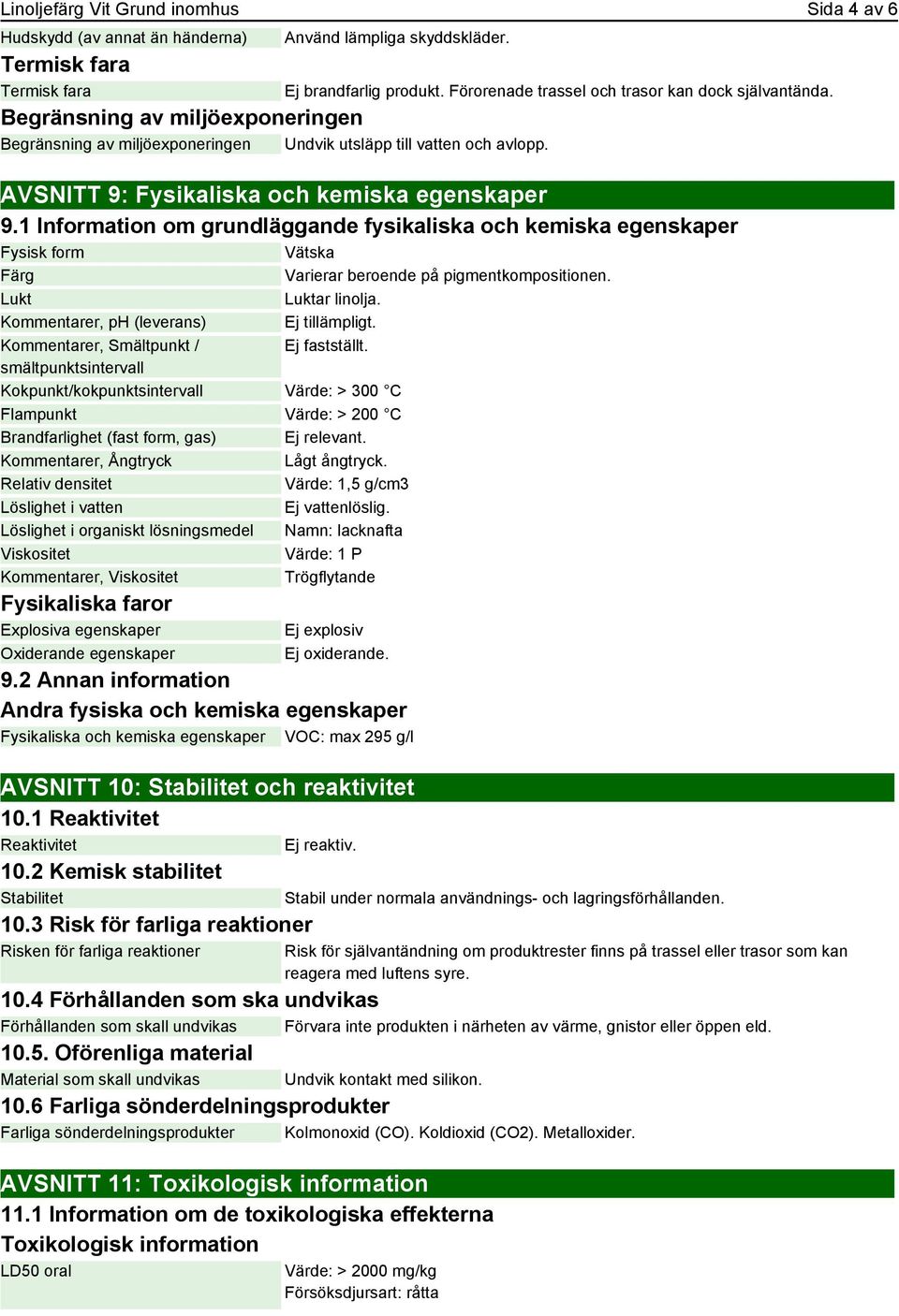 Förorenade trassel och trasor kan dock självantända. AVSNITT 9: Fysikaliska och kemiska egenskaper 9.