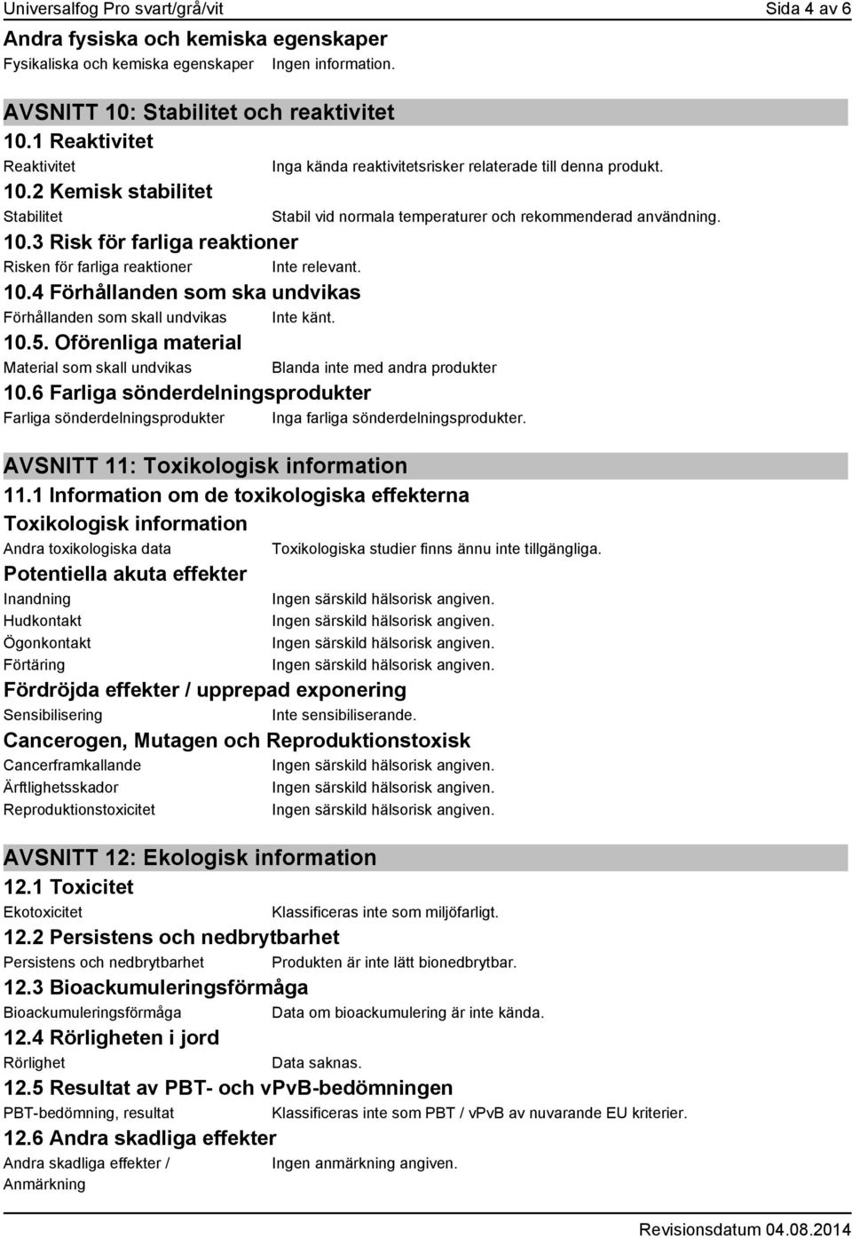 10.5. Oförenliga material Material som skall undvikas Blanda inte med andra produkter 10.6 Farliga sönderdelningsprodukter Farliga sönderdelningsprodukter Inga farliga sönderdelningsprodukter.