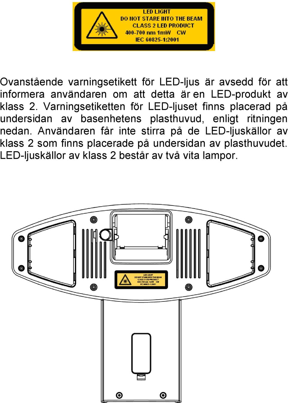 Varningsetiketten för LED-ljuset finns placerad på undersidan av basenhetens plasthuvud, enligt