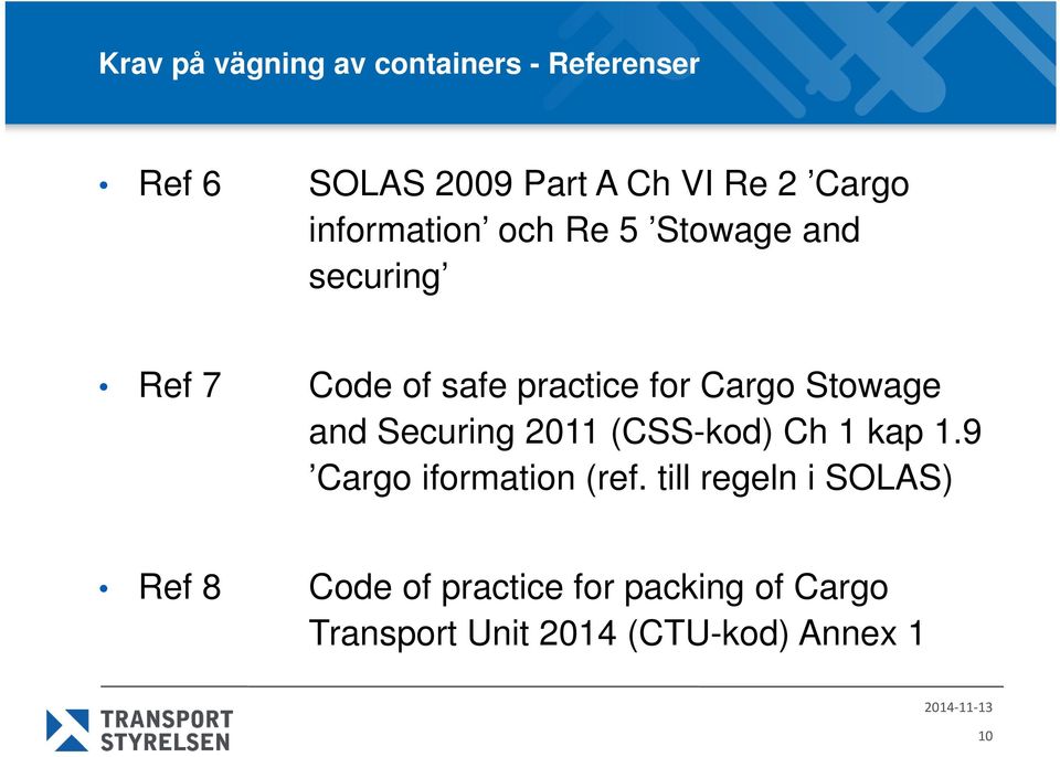 Stowage and Securing 2011 (CSS-kod) Ch 1 kap 1.9 Cargo iformation (ref.