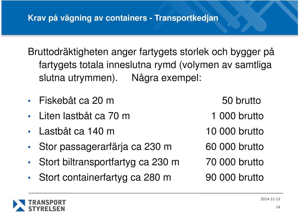 Några exempel: Fiskebåt ca 20 m 50 brutto Liten lastbåt ca 70 m 1 000 brutto Lastbåt ca 140 m 10 000