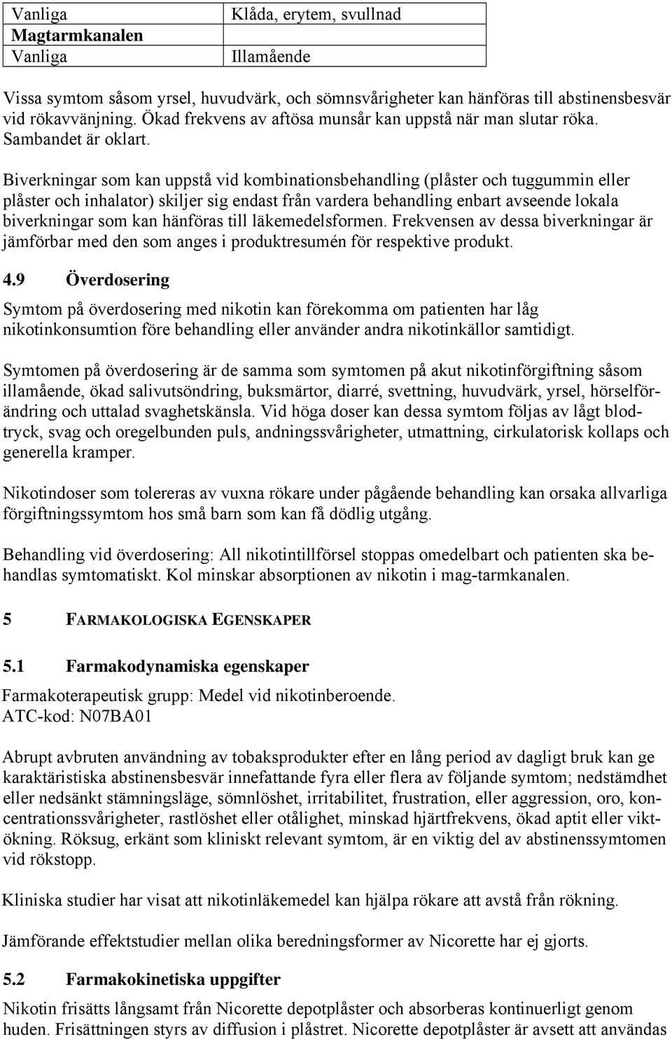 Biverkningar som kan uppstå vid kombinationsbehandling (plåster och tuggummin eller plåster och inhalator) skiljer sig endast från vardera behandling enbart avseende lokala biverkningar som kan