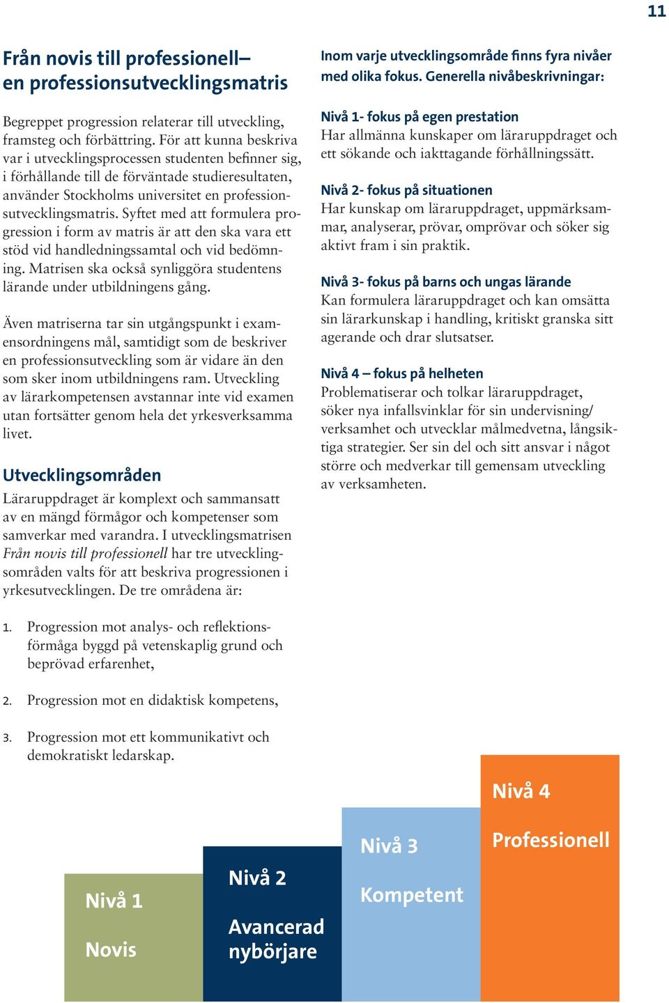 Syftet med att formulera progression i form av matris är att den ska vara ett stöd vid handledningssamtal och vid bedömning. Matrisen ska också synliggöra studentens lärande under utbildningens gång.