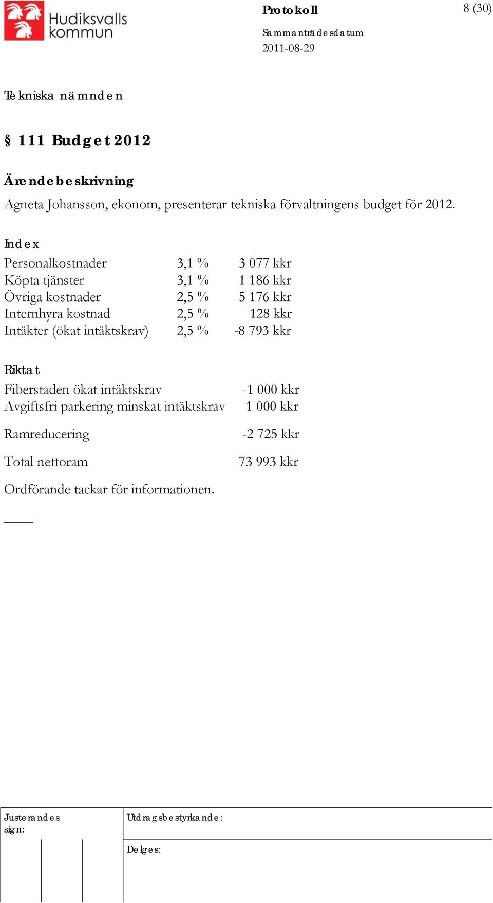 kostnad 2,5 % 128 kkr Intäkter (ökat intäktskrav) 2,5 % -8 793 kkr Riktat Fiberstaden ökat intäktskrav Avgiftsfri