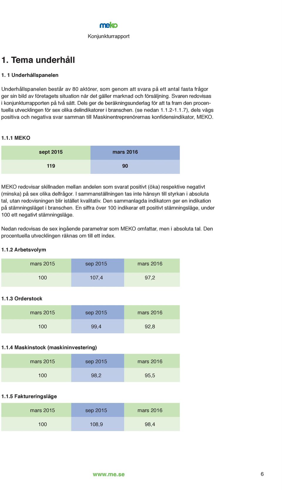 Svaren redovisas i konjunkturrapporten på två sätt. Dels ger de beräkningsunderlag för att ta fram den procentuella utvecklingen för sex olika delindikatorer i branschen. (se nedan 1.