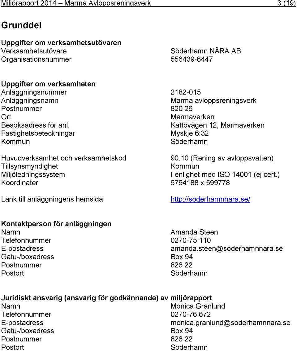 Kaövägen 12, Marmaverken Fasighesbeeckningar Myskje 6:32 Kommun Söderhamn Huvudverksamhe och verksamheskod 90.