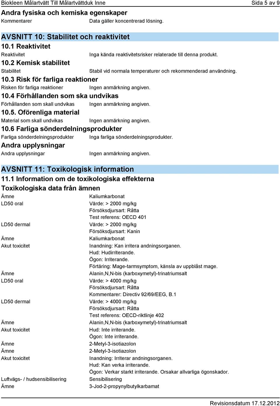 Oförenliga material Material som skall undvikas 10.6 Farliga sönderdelningsprodukter Farliga sönderdelningsprodukter Inga farliga sönderdelningsprodukter.