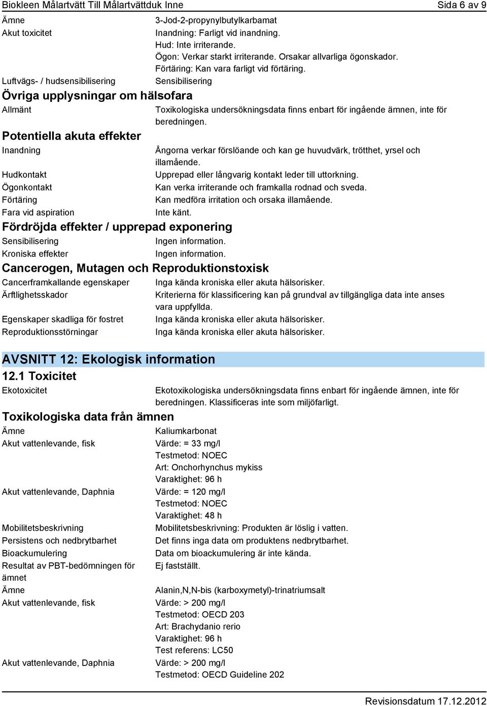 Förtäring: Kan vara farligt vid förtäring. Sensibilisering Toxikologiska undersökningsdata finns enbart för ingående ämnen, inte för beredningen.