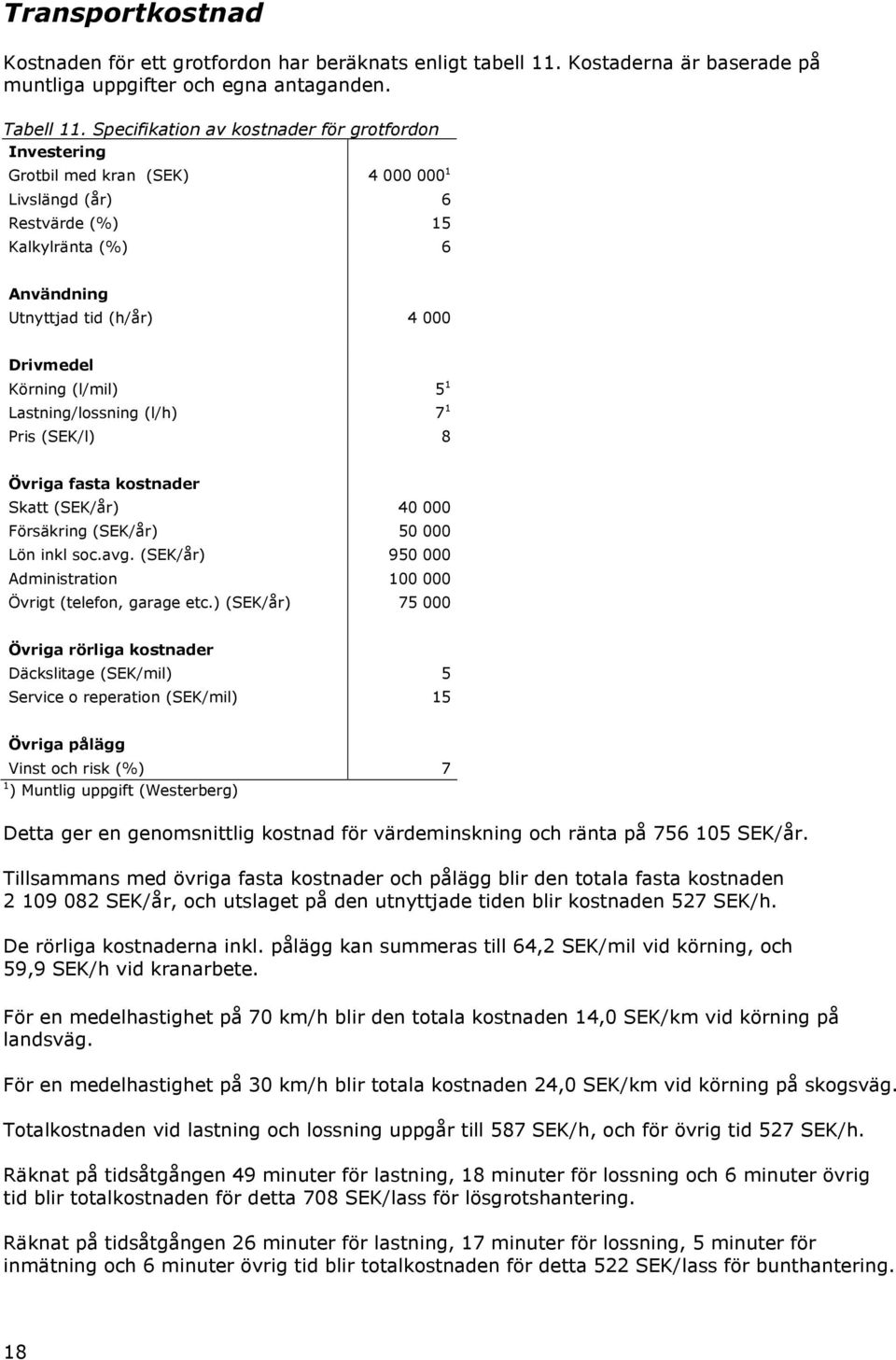 (l/mil) 5 1 Lastning/lossning (l/h) 7 1 Pris (SEK/l) 8 Övriga fasta kostnader Skatt (SEK/år) 40 000 Försäkring (SEK/år) 50 000 Lön inkl soc.avg.