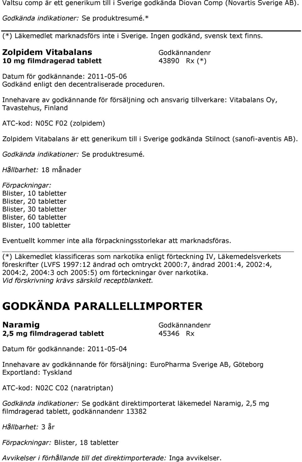 Zolpidem Vitabalans är ett generikum till i Sverige godkända Stilnoct (sanofi-aventis AB).