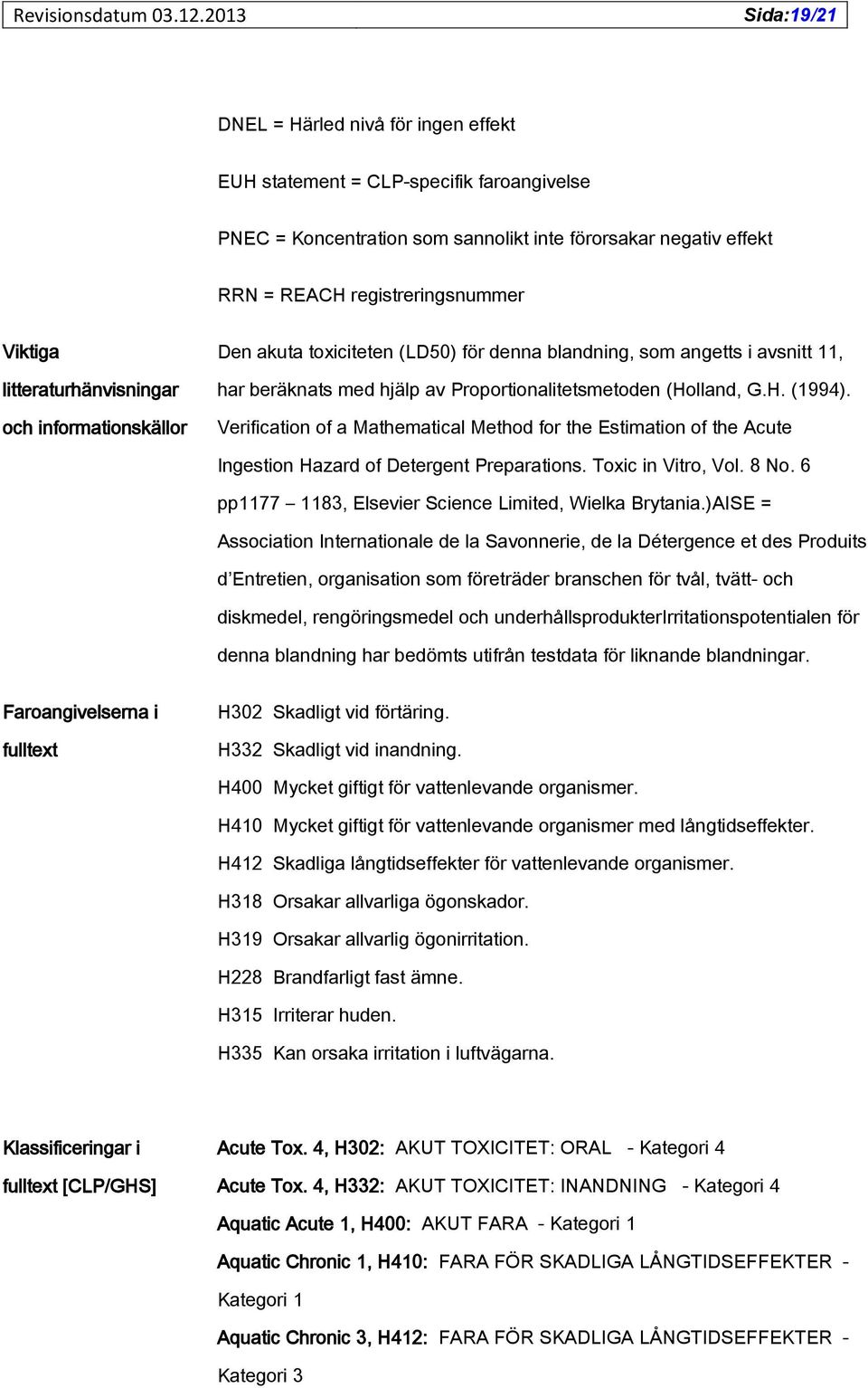 Verification of a Mathematical Method for the Estimation of the Acute Ingestion Hazard of Detergent Preparations. Toxic in Vitro, Vol. 8 No. 6 pp1177 1183, Elsevier Science Limited, Wielka Brytania.