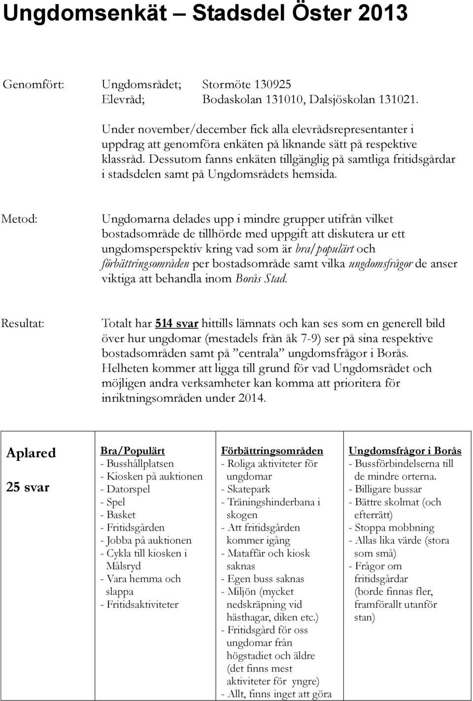 Dessutom fanns enkäten tillgänglig på samtliga fritidsgårdar i stadsdelen samt på Ungdomsrådets hemsida.