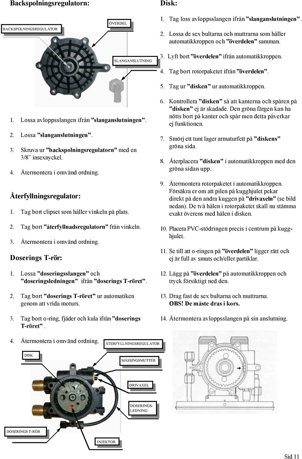 Tag ur disken ur automatikkroppen. 1. Lossa avloppsslangen ifrån slanganslutningen. 2. Lossa slanganslutningen. 3. Skruva ur backspolningsregulatorn med en 3/8 insexnyckel. 4.