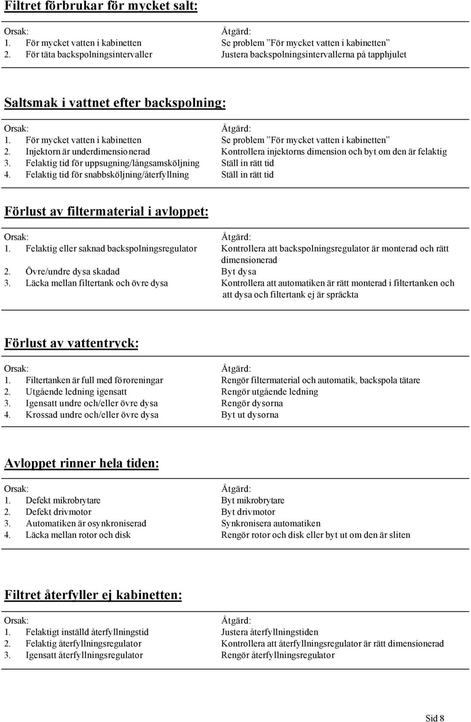 Injektorn är underdimensionerad Kontrollera injektorns dimension och byt om den är felaktig 3. Felaktig tid för uppsugning/långsamsköljning Ställ in rätt tid 4.