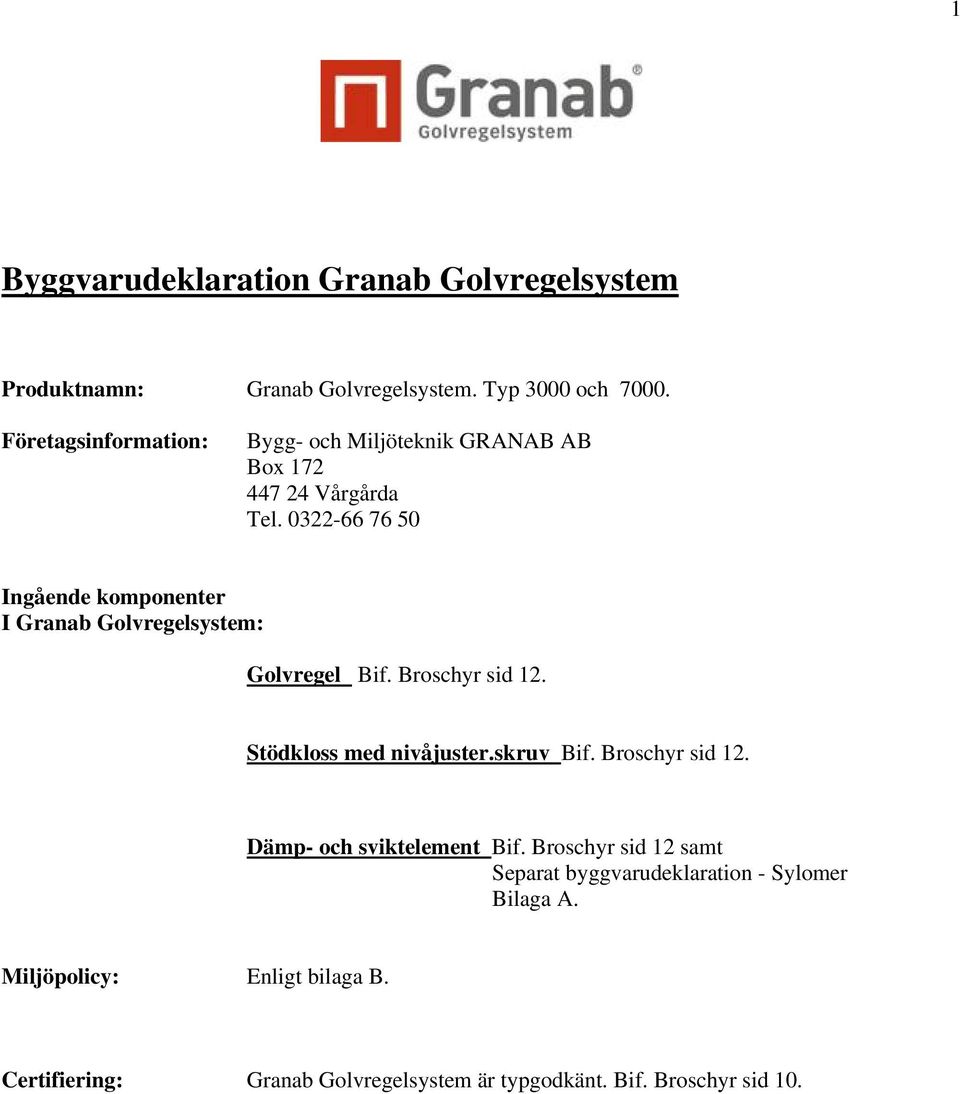 0322-66 76 50 Ingående komponenter I Granab Golvregelsystem: Golvregel Bif. Broschyr sid 12. Stödkloss med nivåjuster.skruv Bif.