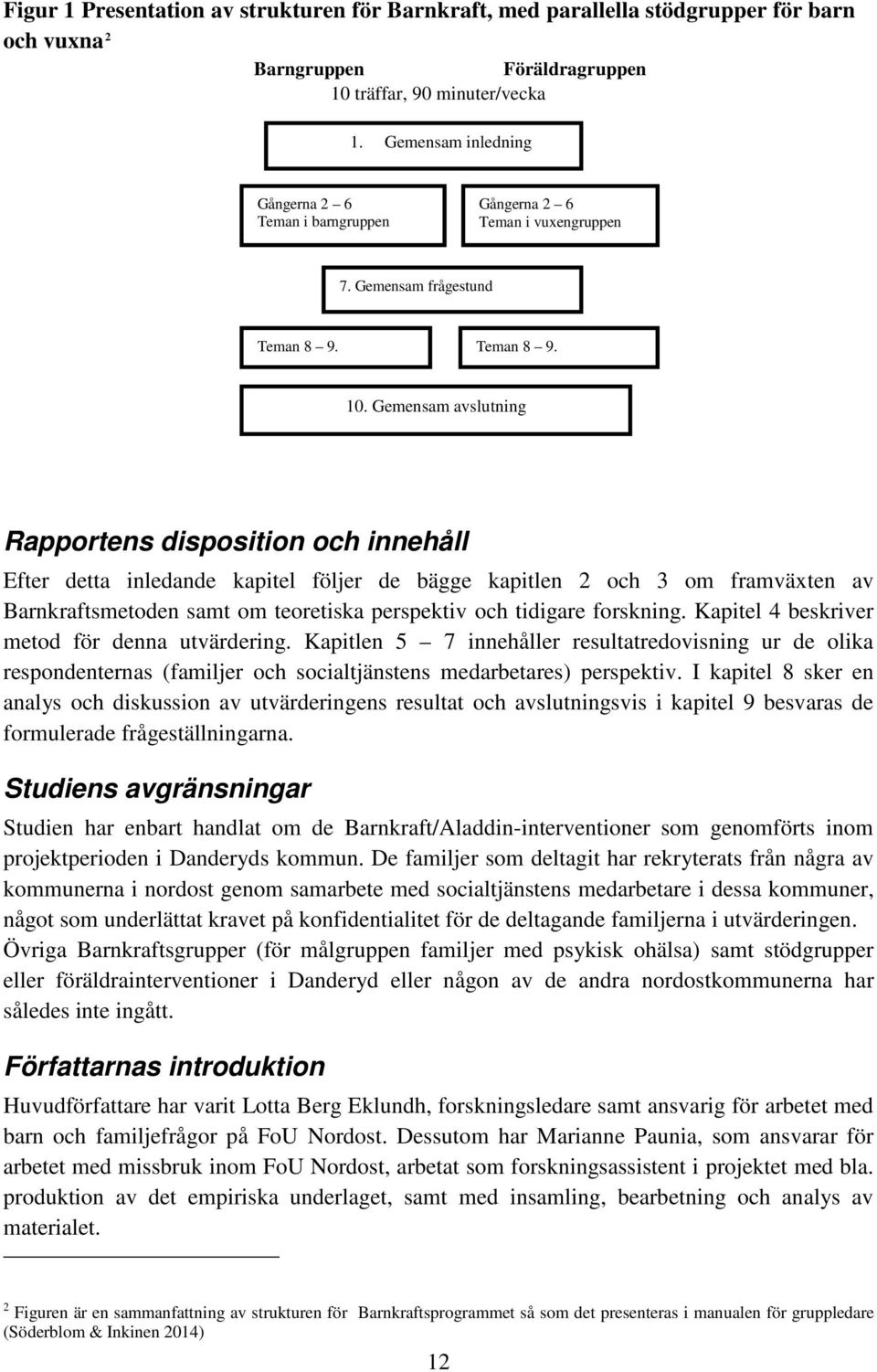 Gemensam avslutning Rapportens disposition och innehåll Efter detta inledande kapitel följer de bägge kapitlen 2 och 3 om framväxten av Barnkraftsmetoden samt om teoretiska perspektiv och tidigare