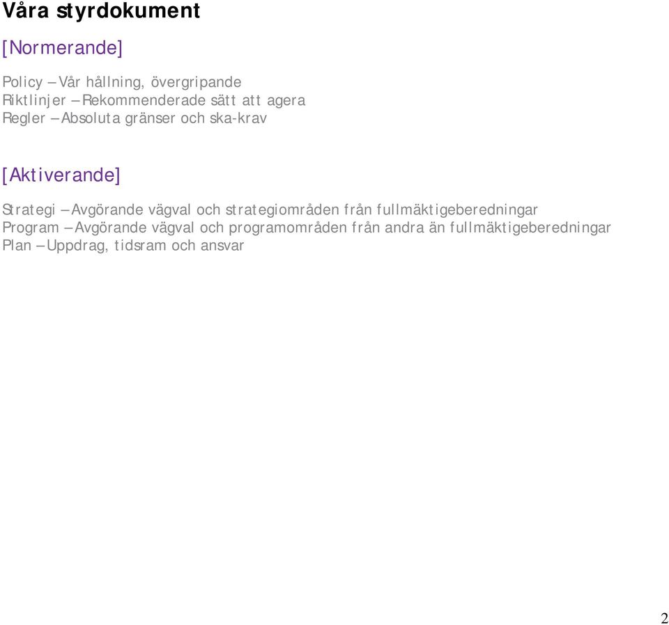 Strategi Avgörande vägval och strategiområden från fullmäktigeberedningar Program