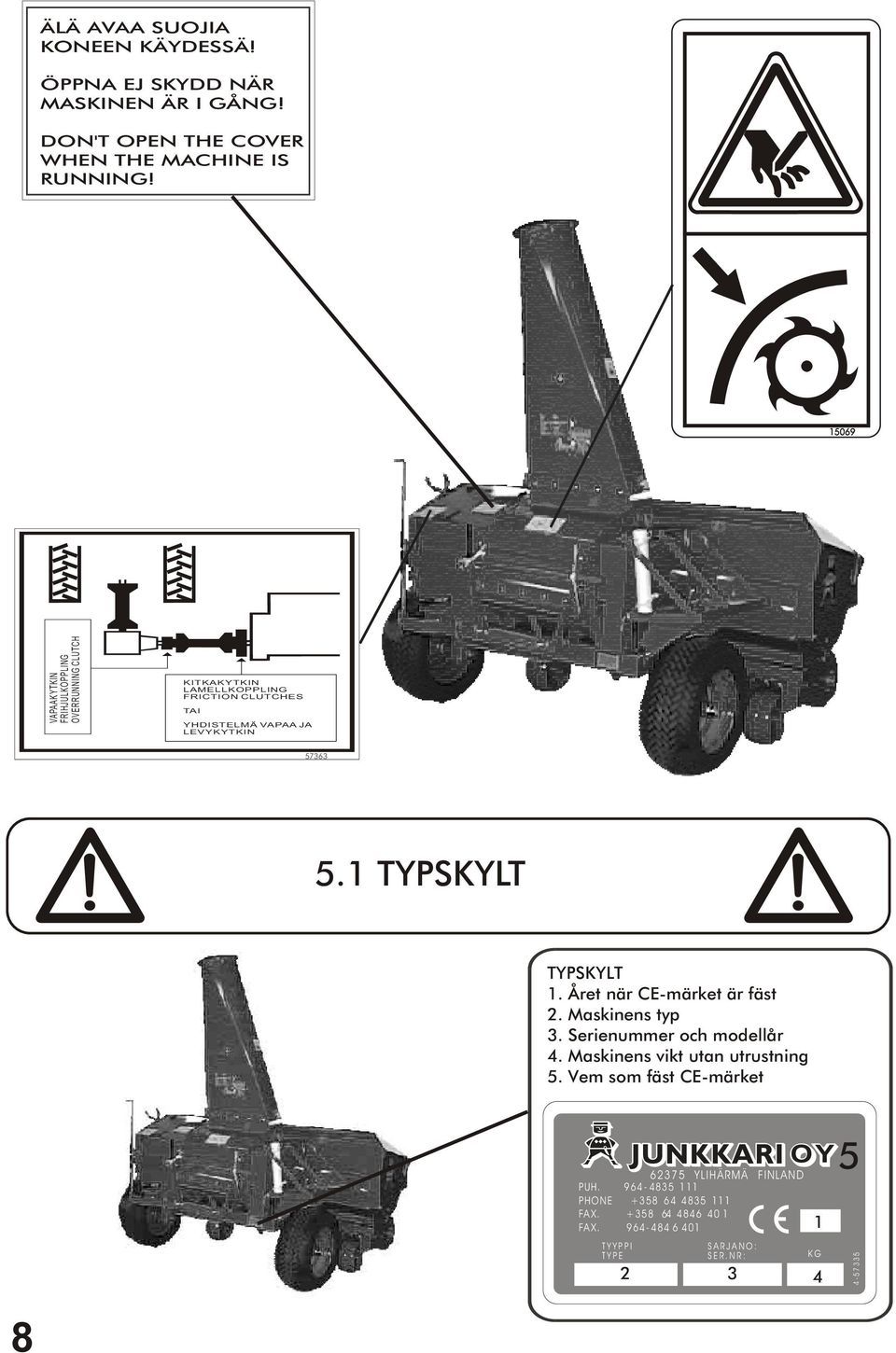 1 TYPSKYLT TYPSKYLT 1. Året när CE-märket är fäst 2. Maskinens typ 3. Serienummer och modellår 4. Maskinens vikt utan utrustning 5.