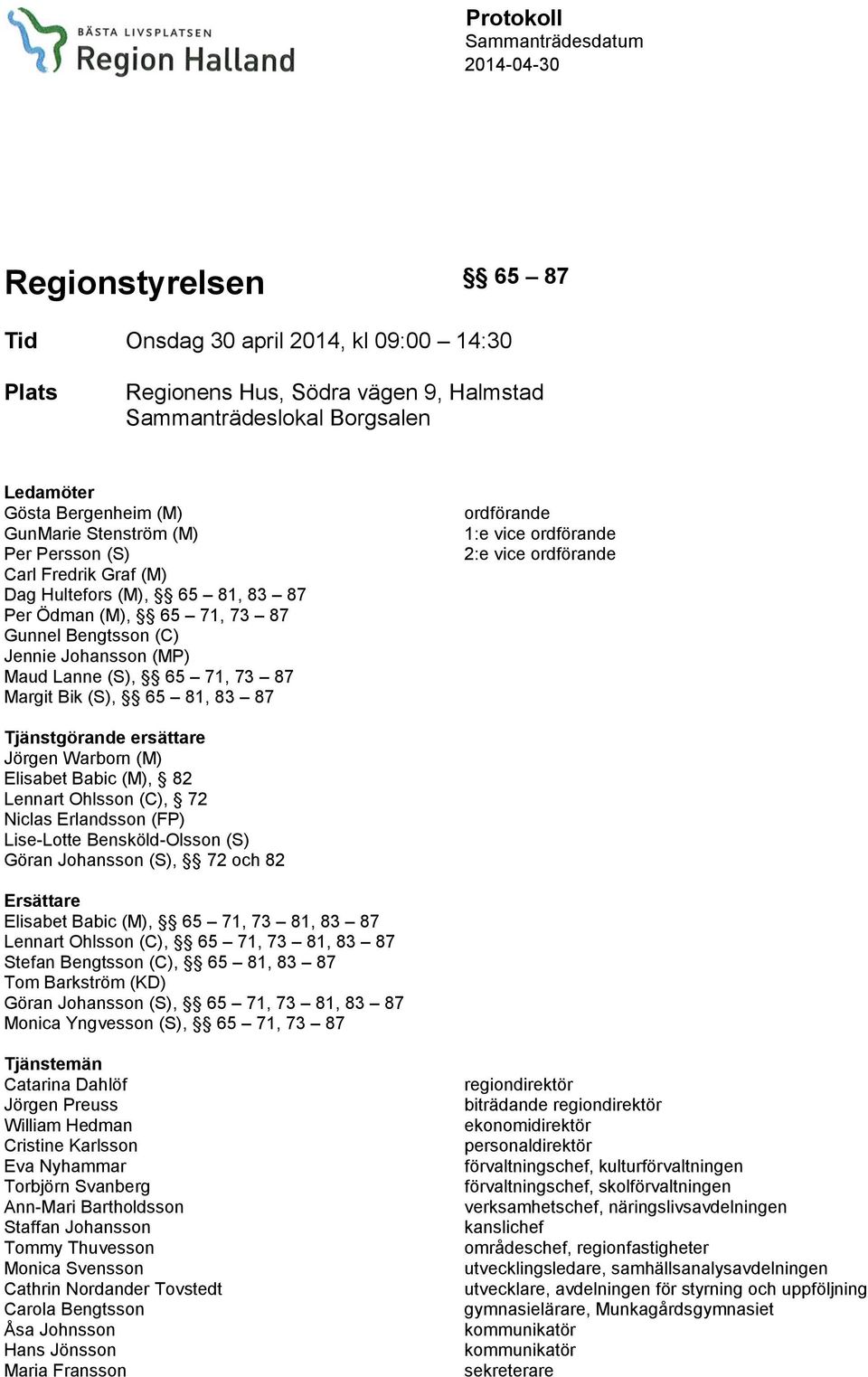 71, 73 87 Margit Bik (S), 65 81, 83 87 ordförande 1:e vice ordförande 2:e vice ordförande Tjänstgörande ersättare Jörgen Warborn (M) Elisabet Babic (M), 82 Lennart Ohlsson (C), 72 Niclas Erlandsson