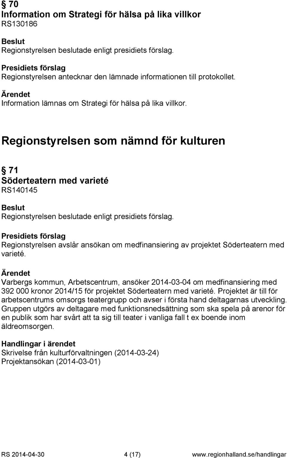 Varbergs kommun, Arbetscentrum, ansöker 2014-03-04 om medfinansiering med 392 000 kronor 2014/15 för projektet Söderteatern med varieté.