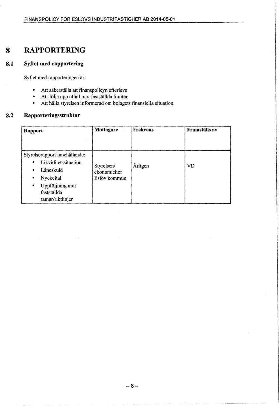 fastställda limiter Att hålla styrelsen informerad om bolagets finansiella situation. 8.