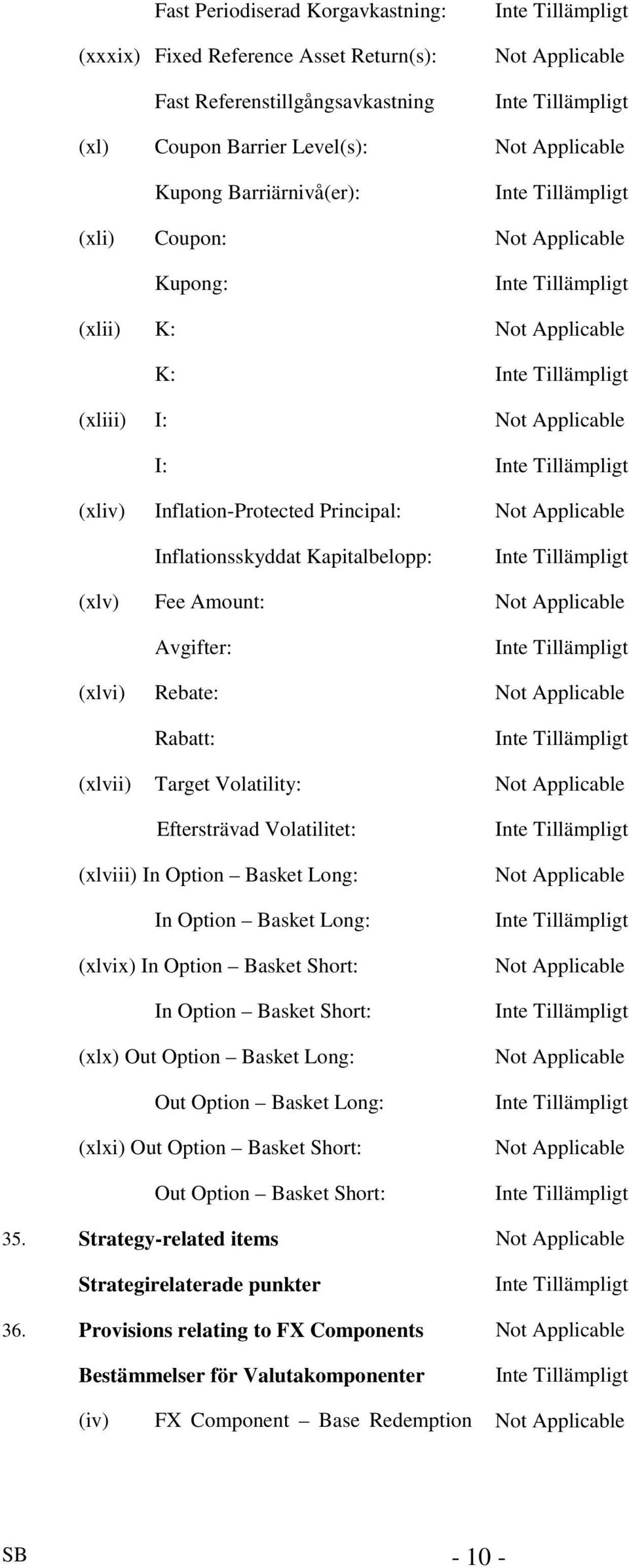 Applicable Avgifter: (xlvi) Rebate: Not Applicable Rabatt: (xlvii) Target Volatility: Not Applicable Eftersträvad Volatilitet: (xlviii) In Option Basket Long: In Option Basket Long: (xlvix) In Option