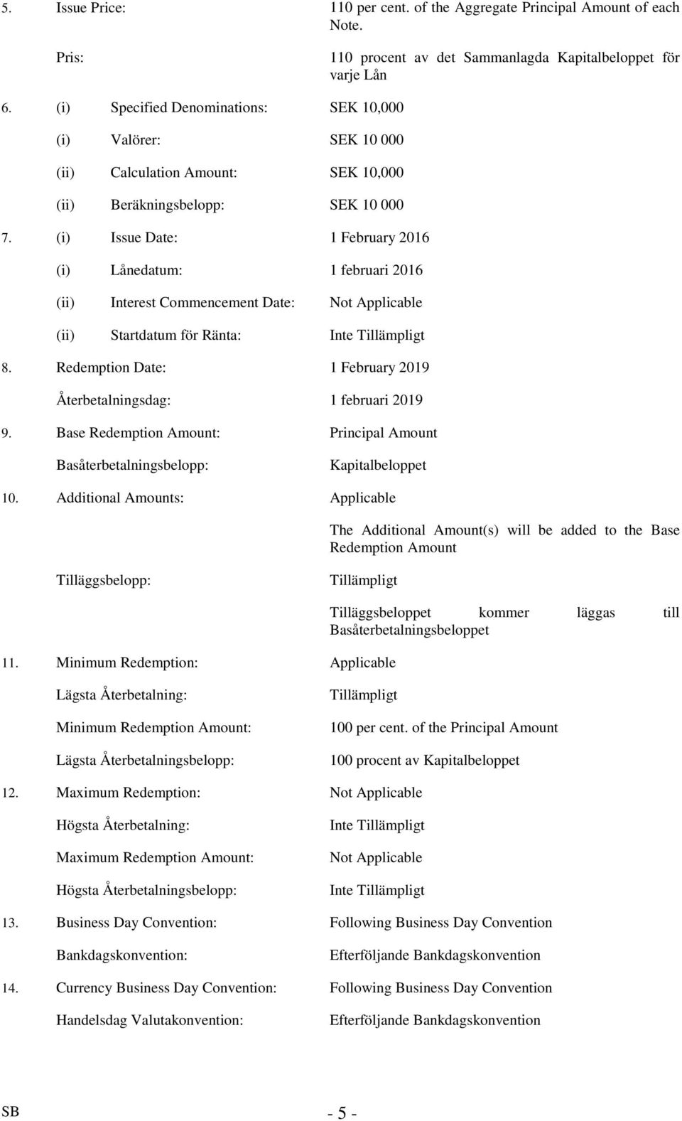 (i) Issue Date: 1 February 2016 (i) Lånedatum: 1 februari 2016 (ii) Interest Commencement Date: Not Applicable (ii) Startdatum för Ränta: 8.