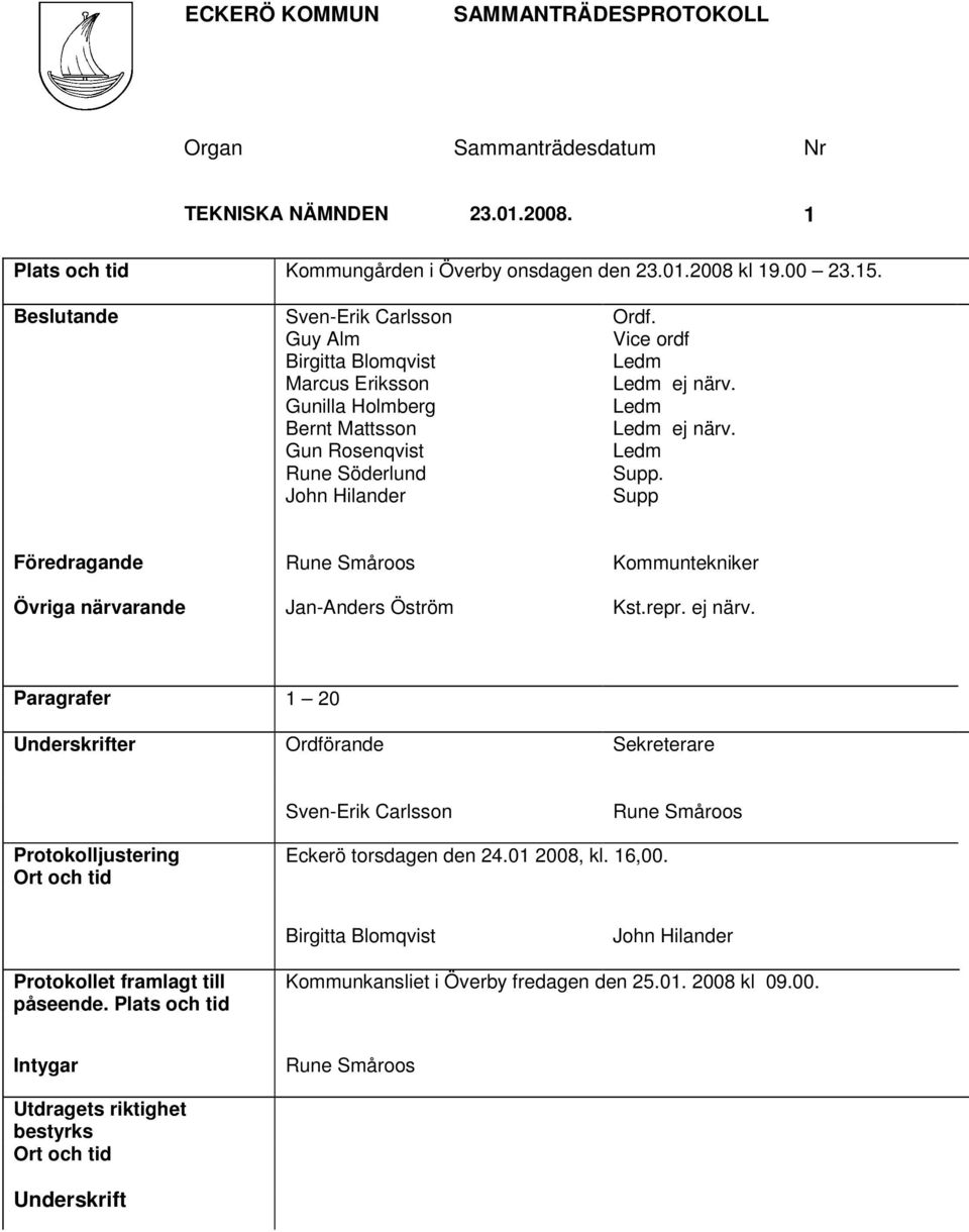 Ledm Ledm ej närv. Ledm Supp. Supp Föredragande Rune Småroos Kommuntekniker Övriga närvarande Jan-Anders Öström Kst.repr. ej närv. Paragrafer 1 20 Underskrifter Ordförande Sekreterare Sven-Erik Carlsson Rune Småroos Protokolljustering Ort och tid Eckerö torsdagen den 24.