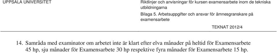 Arbetsuppgifter och ansvar för ämnesgranskare på examensarbete TEKNAT 2012/4 14.